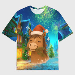 Футболка оверсайз мужская Новогодняя лошадка жует елочные ветки, цвет: 3D-принт
