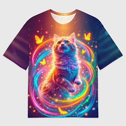Футболка оверсайз мужская Игривый кот в неоновых всполохах, цвет: 3D-принт