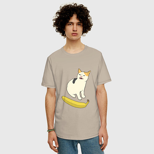 Мужская футболка оверсайз Cat no banana meme / Миндальный – фото 3