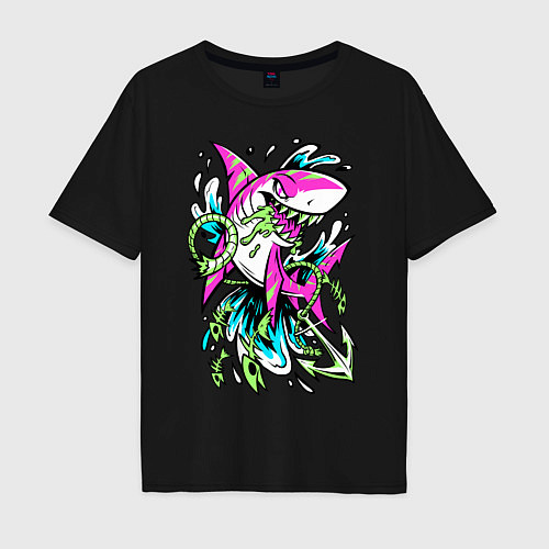 Мужская футболка оверсайз Neon Shark / Черный – фото 1