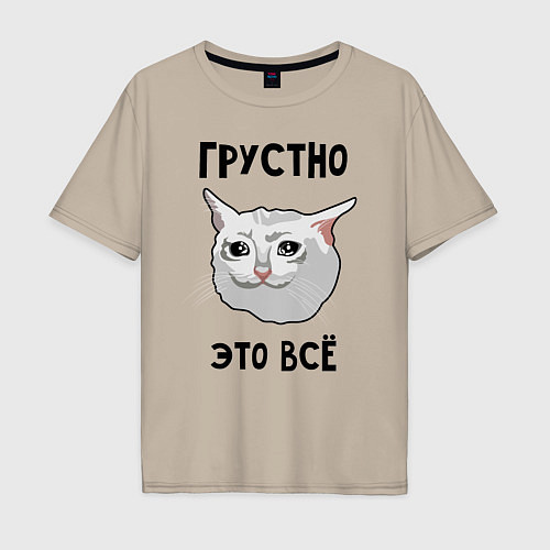 Мужская футболка оверсайз Грустный котик / Миндальный – фото 1