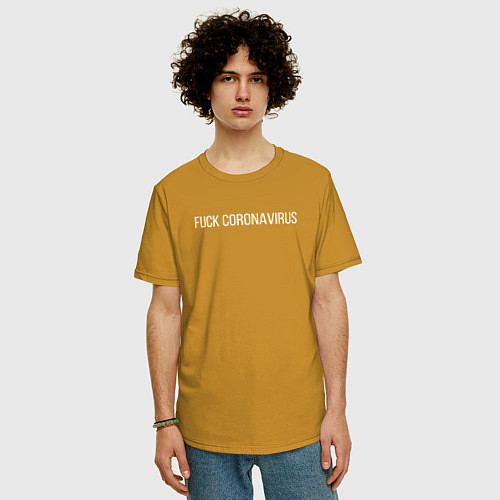 Мужская футболка оверсайз Fuck coronavirus / Горчичный – фото 3