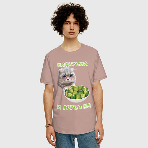 Мужская футболка оверсайз Нифкусна и грустна - кот и капуста брюссельская / Пыльно-розовый – фото 3
