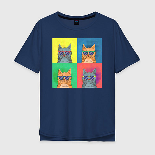 Мужская футболка оверсайз Pop Art Коты / Тёмно-синий – фото 1