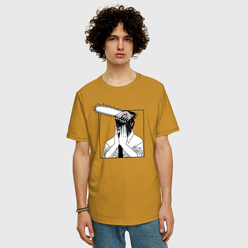 Мужская футболка оверсайз Человек Бензопила Дэнджи / Горчичный – фото 3