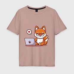 Футболка оверсайз мужская Cute fox and laptop, цвет: пыльно-розовый