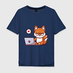 Футболка оверсайз мужская Cute fox and laptop, цвет: тёмно-синий