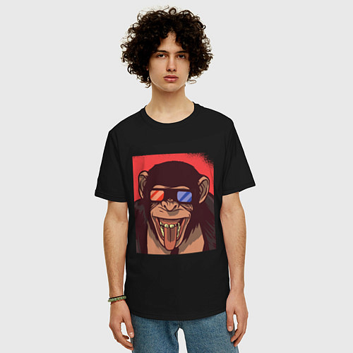 Мужская футболка оверсайз Обезьяна в 3D очках / Черный – фото 3