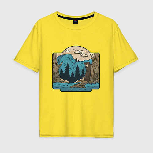 Мужская футболка оверсайз Пейзаж дикого леса с медведем / Желтый – фото 1