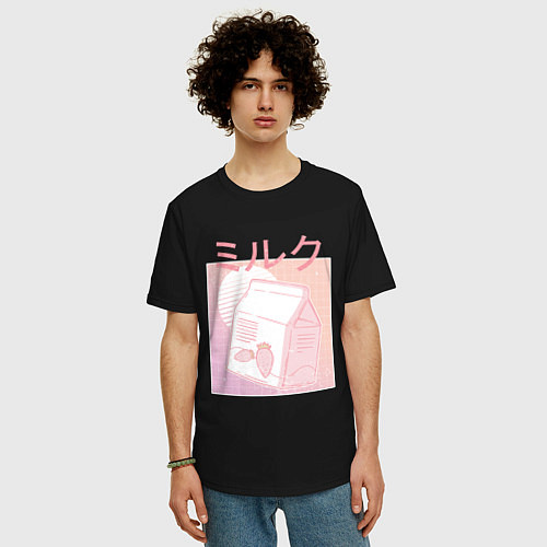 Мужская футболка оверсайз Vaporwave Strawberry Milk / Черный – фото 3