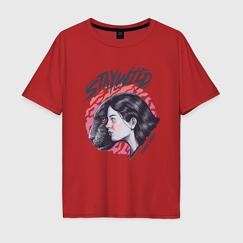 Мужская футболка оверсайз Девушка - пантера StayWild / Красный – фото 1