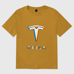 Футболка оверсайз мужская TESLA MOTORS GLITCH ТЕСЛА, цвет: горчичный
