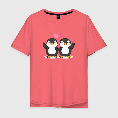 Мужская футболка оверсайз Влюбленные пингвины / Коралловый – фото 1