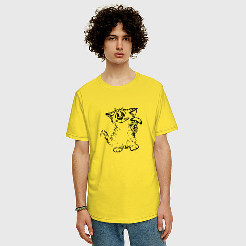 Мужская футболка оверсайз Котенок с вилкой и сосиской / Желтый – фото 3