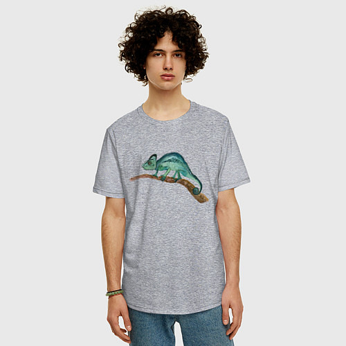 Мужская футболка оверсайз Зеленый хамелеон на ветке / Меланж – фото 3
