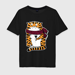 Мужская футболка оверсайз Недовольный тигр с бокалом вина