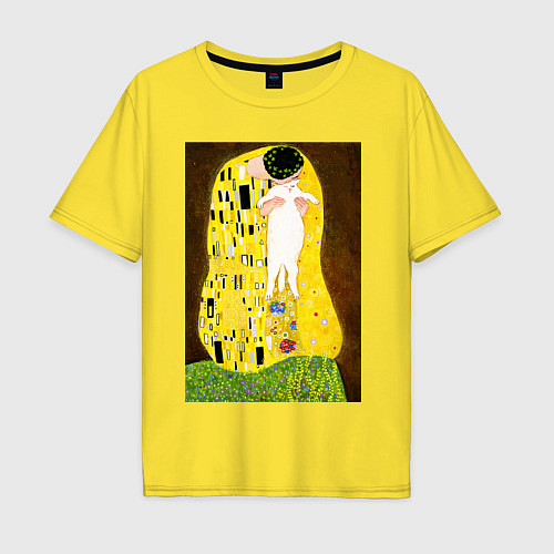 Мужская футболка оверсайз Густав Климт влюблённые поцелуй с котом / Желтый – фото 1