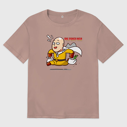 Мужская футболка оверсайз Счастливый Сайтама с пакетами продуктов One Punch- / Пыльно-розовый – фото 1