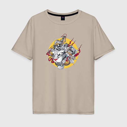 Мужская футболка оверсайз Japanese tiger with snake / Миндальный – фото 1