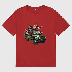 Футболка оверсайз мужская Персонажи жожо едут на уазике джо джо, цвет: красный