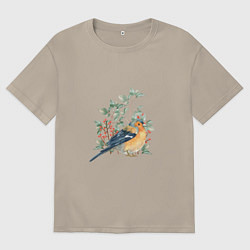 Футболка оверсайз мужская Снегирь и рябина, цвет: миндальный