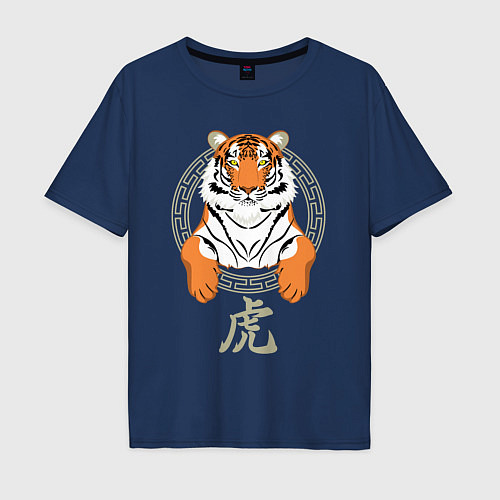 Мужская футболка оверсайз Тигр в раме / Тёмно-синий – фото 1