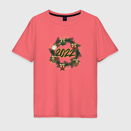 Мужская футболка оверсайз Новогодний Венок 2022 / Коралловый – фото 1