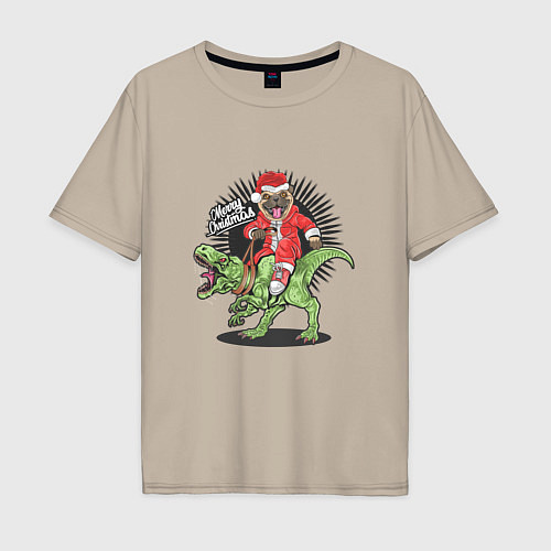 Мужская футболка оверсайз Мопс на Динозавре Новый год 2022 / Миндальный – фото 1