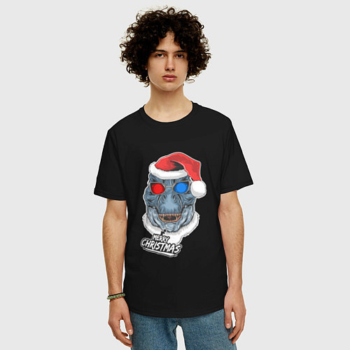 Мужская футболка оверсайз Динозавр Merry Christmas / Черный – фото 3