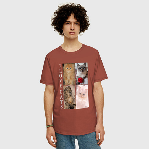 Мужская футболка оверсайз I LOVE CATS Я ЛЮБЛЮ КОШЕК / Кирпичный – фото 3
