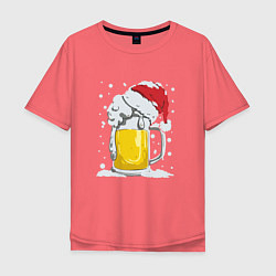 Футболка оверсайз мужская Новогодняя кружка пивасика, цвет: коралловый