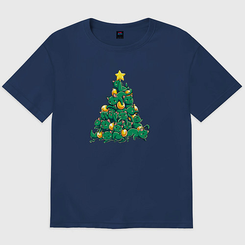 Мужская футболка оверсайз Christmas Tree Made Of Green Cats / Тёмно-синий – фото 1