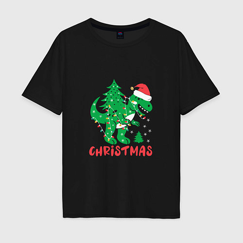 Мужская футболка оверсайз Christmas Dinosaur / Черный – фото 1