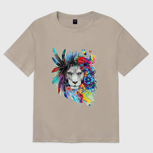 Мужская футболка оверсайз Лев в цветах и перьях / Миндальный – фото 1