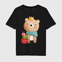 Футболка оверсайз мужская Медвежонок с короной и подарками, цвет: черный