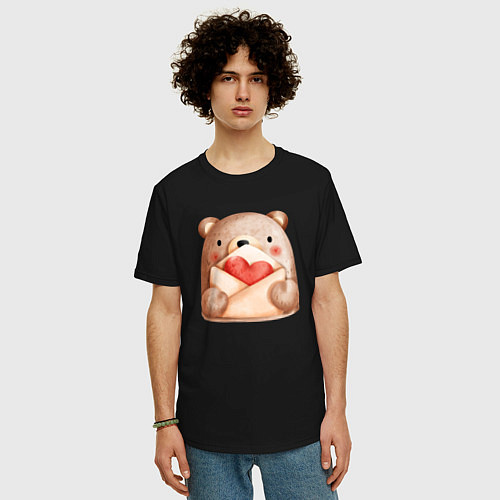 Мужская футболка оверсайз Медвежонок с валентинкой / Черный – фото 3