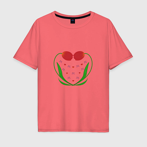 Мужская футболка оверсайз Тюльпановое сердце и бабочки / Коралловый – фото 1