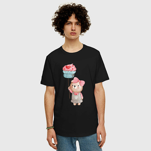 Мужская футболка оверсайз Мишка с воздушным пирожным / Черный – фото 3