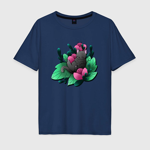 Мужская футболка оверсайз Котик в растениях / Тёмно-синий – фото 1