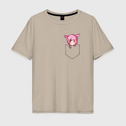 Мужская футболка оверсайз Anime тян с розовыми волосами в кармане