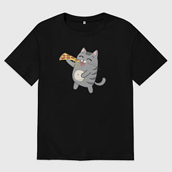 Футболка оверсайз мужская Кот с кусочком пиццы, цвет: черный
