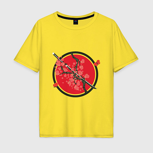 Мужская футболка оверсайз Японский меч, катана и ветви с красными цветами / Желтый – фото 1