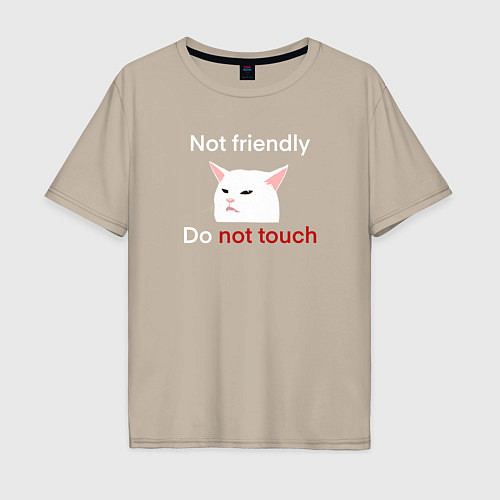 Мужская футболка оверсайз Not friendly, do not touch, текст с мемным котом / Миндальный – фото 1
