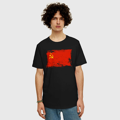 Мужская футболка оверсайз Рваный флаг СССР / Черный – фото 3