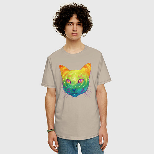 Мужская футболка оверсайз Радужный котик rainbow cat / Миндальный – фото 3
