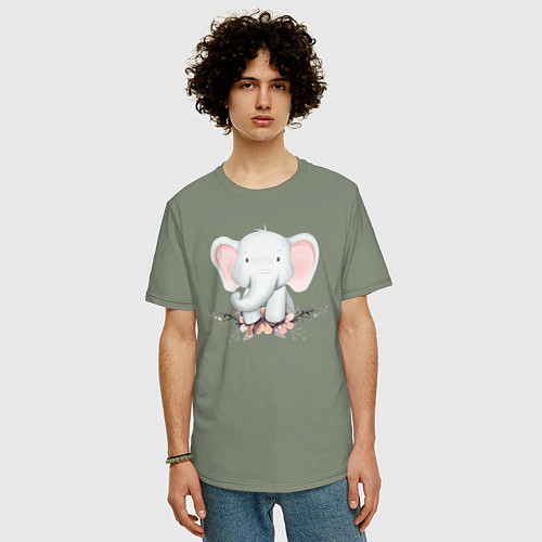 Мужская футболка оверсайз Милый Слонёнок С Цветами / Авокадо – фото 3