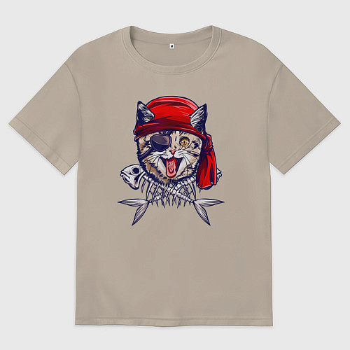 Мужская футболка оверсайз Кот пират и рыбьи кости / Миндальный – фото 1