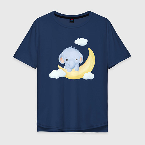 Мужская футболка оверсайз Милый Слонёнок На Месяце С Облаками / Тёмно-синий – фото 1