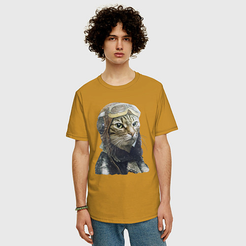 Мужская футболка оверсайз Кот - пилот The pilot Cat / Горчичный – фото 3
