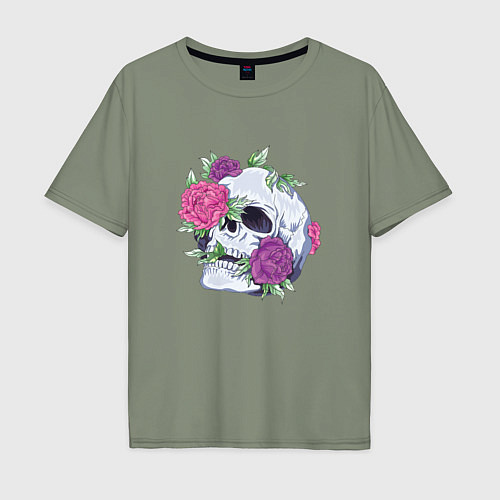 Мужская футболка оверсайз Череп с цветами Flower Skull / Авокадо – фото 1